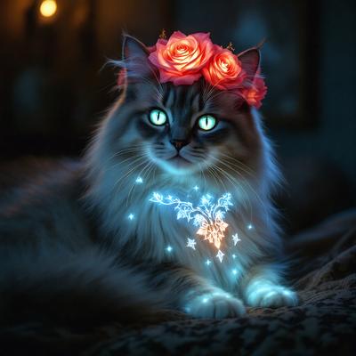 The primary subject of the image is a cat with a flower crown on its head. The cat is sitting on a bed, which serves as the setting and background of the scene. The visual style of the image is a combination of photo and digital art, creating a unique and eye-catching representation of the cat. The dominant colors in the image are blue and pink, giving the scene a warm and inviting atmosphere.